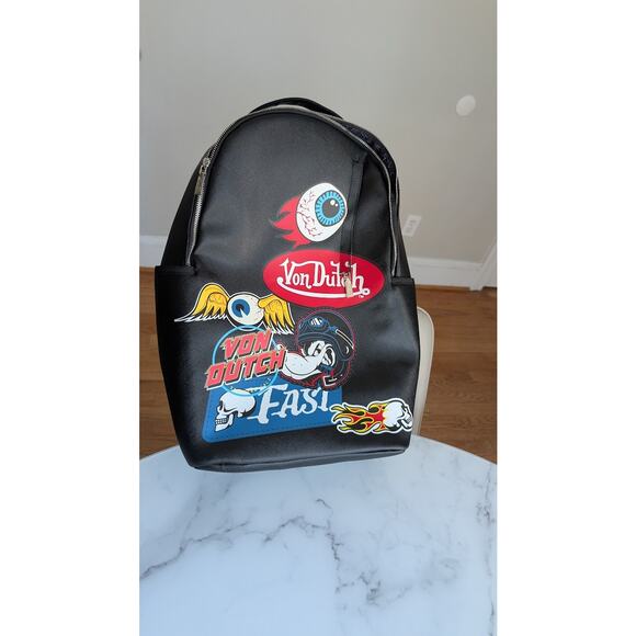 RARE NEW Von Dutch Large Multi-Flying Eye Graphic Backpack Streetwear Y2K Black
